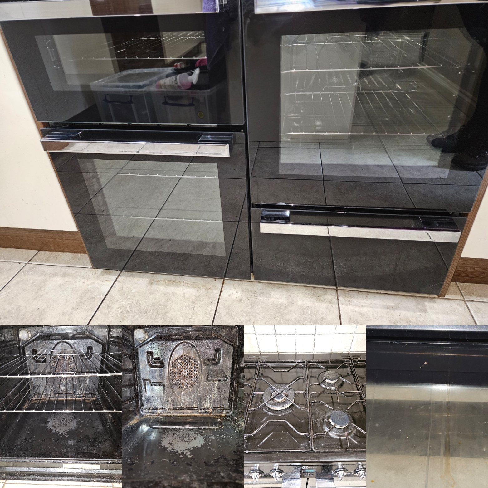 Black built-in double ovens after cleaning, with smaller pictures of oven back panels and a gas hob below