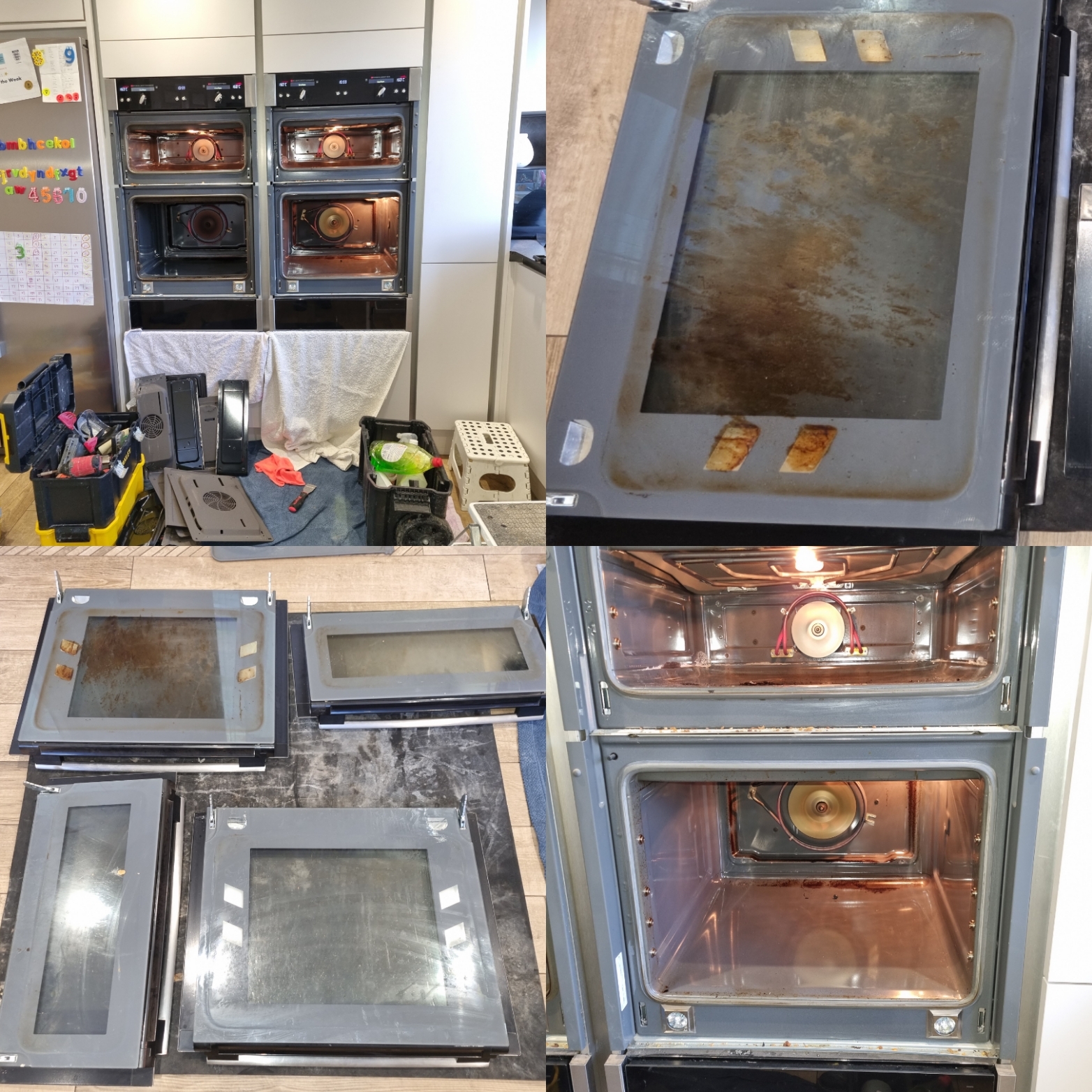 Two built-in ovens stripped down mid-clean, their glass door panels laid out separately and tools on the floor